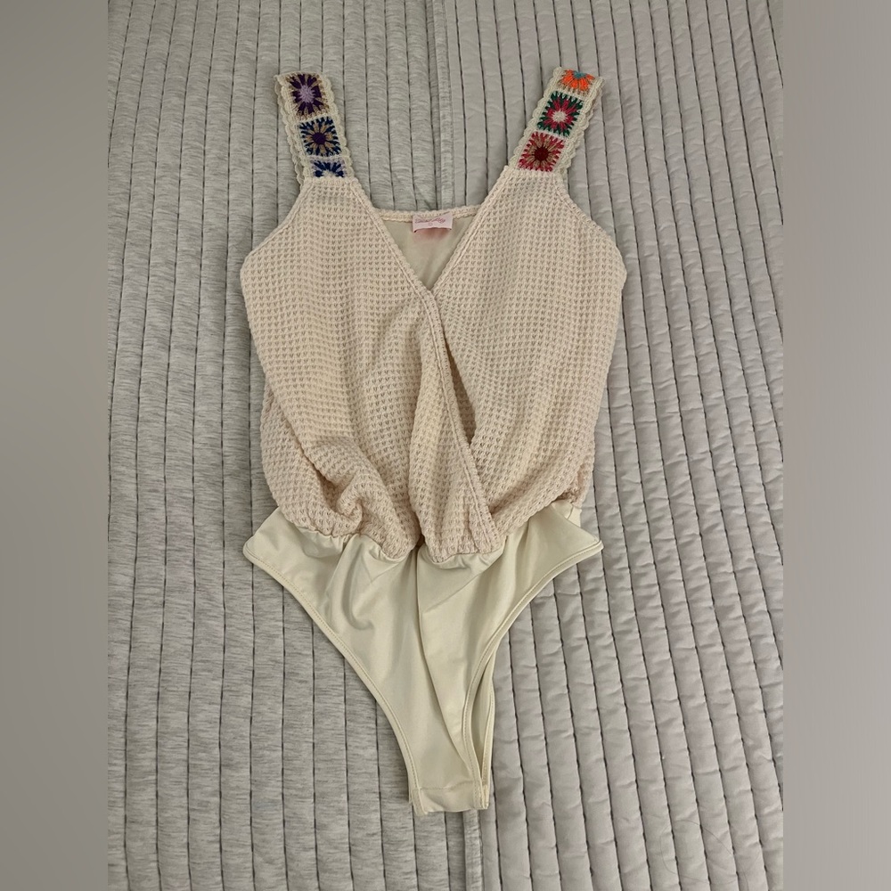 Pink Lily Crochet Strap Waffle Tank Bodysuit Size Small